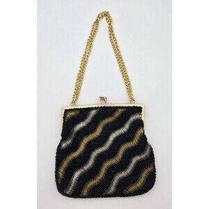 Vintage La Regale Beaded Clutch Purse Gold Silver Bronze Evening Bag Hong Kong